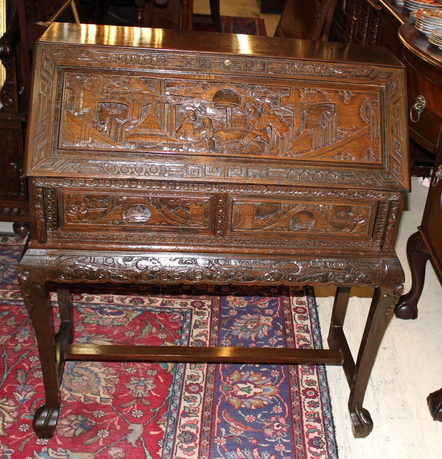 Furniture Antiques Antique Carved Chinese Drop Front Writing Desk Secretary