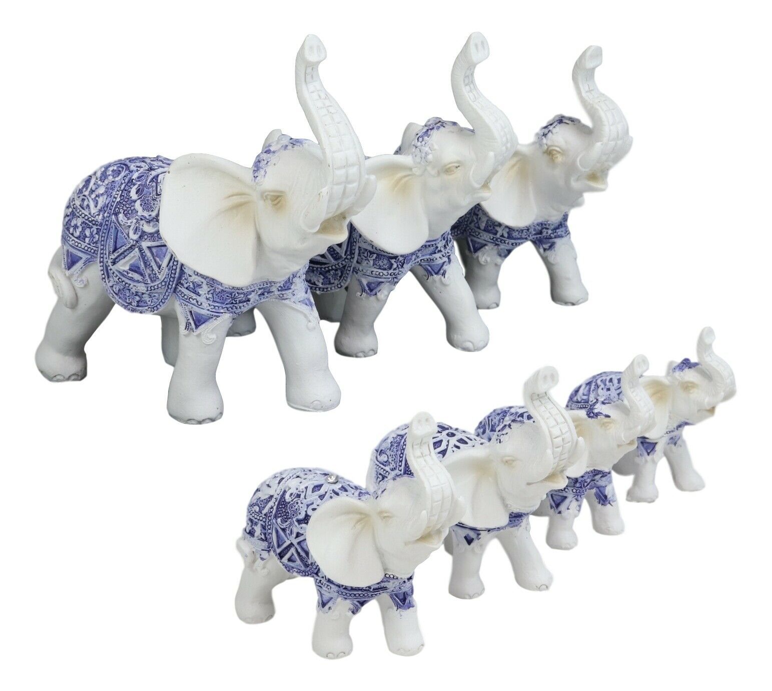 Blue White Feng Shui Miniature Thai Buddhism Elephants With Trunks Up Set of 7