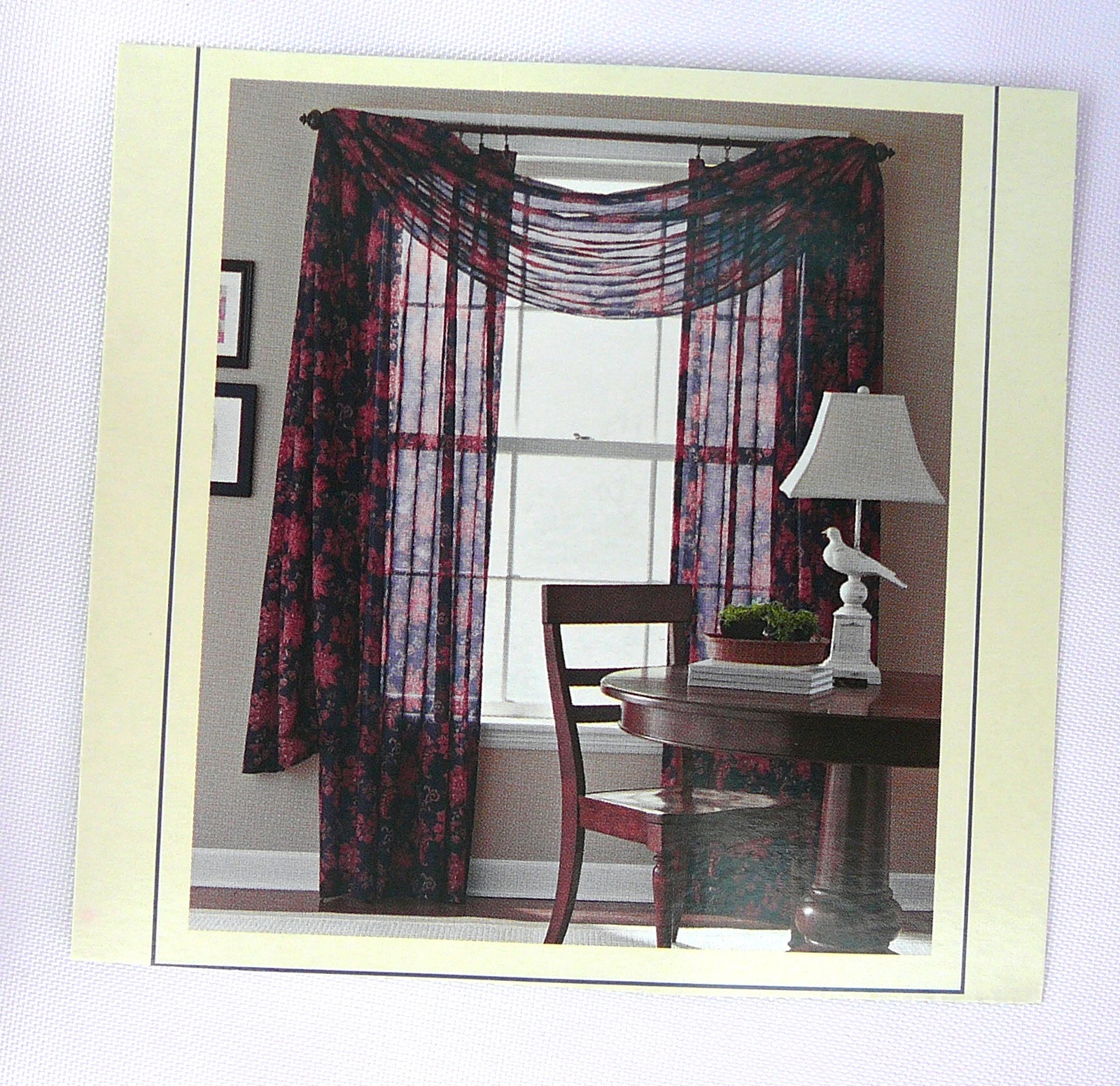 "Jacobean" Rod Pocket Curtain Panel SemiSheerRed on Navy Blue 54" x