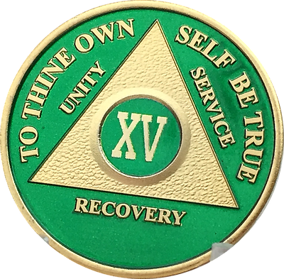 15 Year AA Medallion Green Gold Plated Alcoholics Anonymous Sobriety Chip Coin