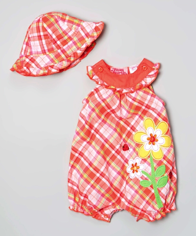Baby Girls Romper Hat Set Orange Plaid Infant Playsuits MSRP 35.00