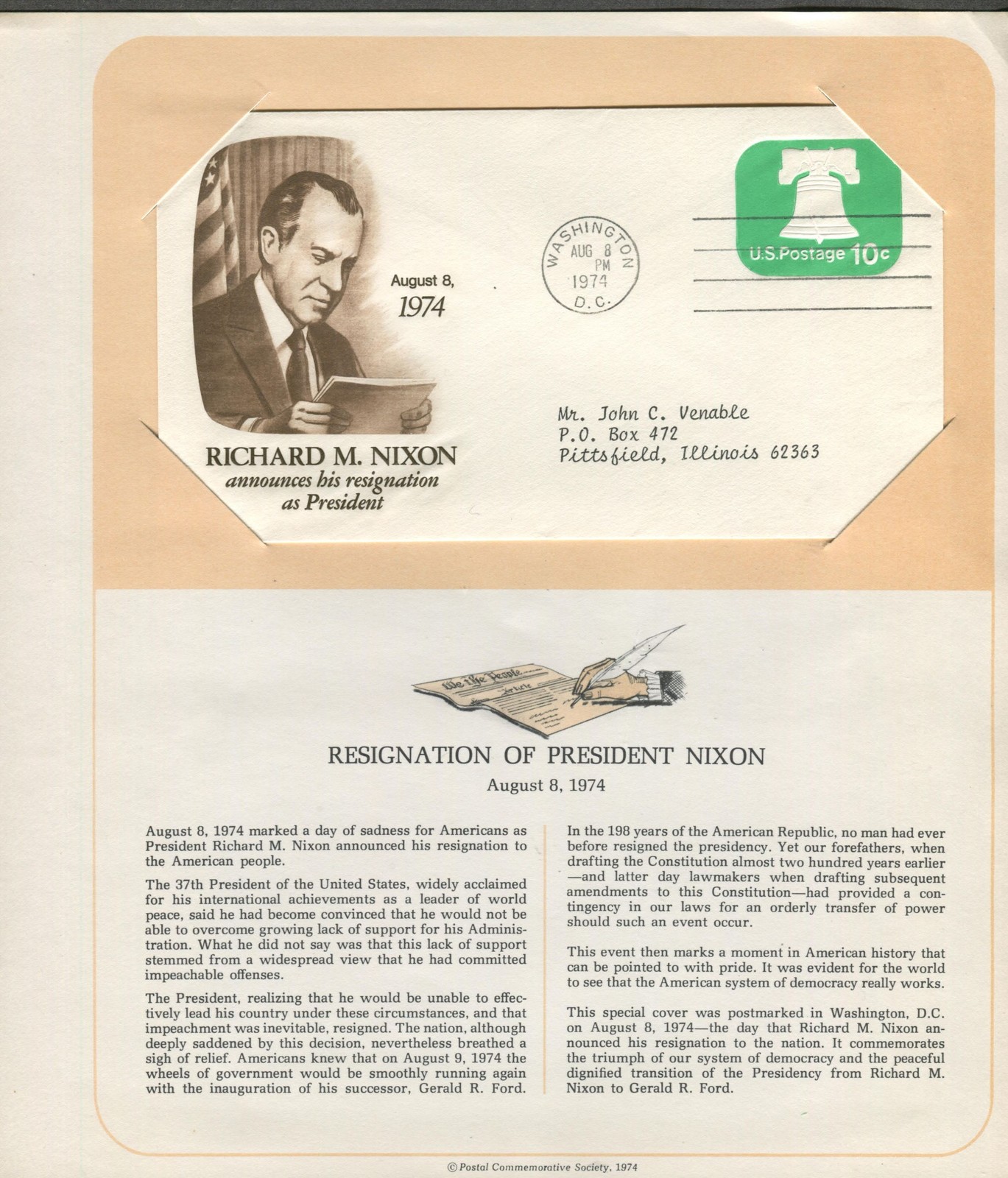 Primary image for Aug 8 1974 Resignation of President Nixon #U567 PCS Artcraft Mounted