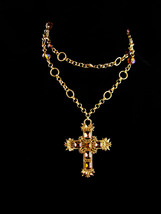 Vintage Gothic Cross necklace - Large faux golden topaz Cross - Medieval... - $145.00