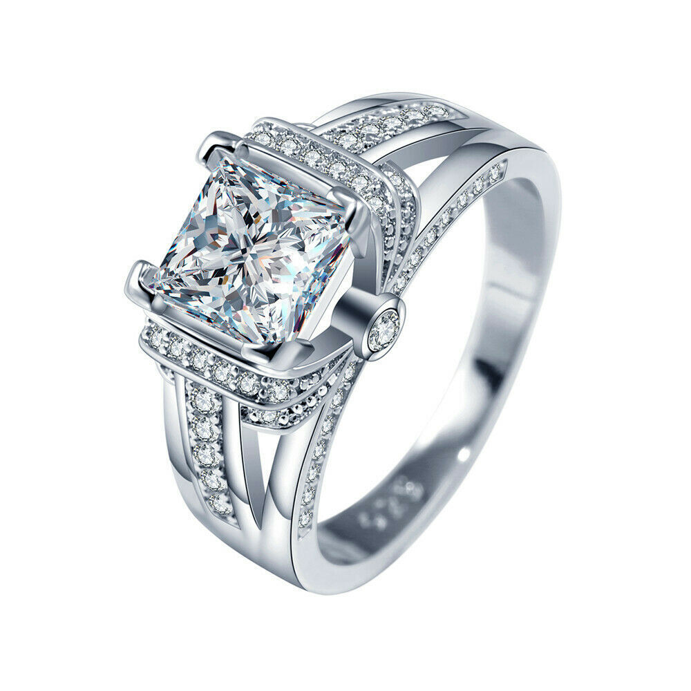 Classic Women 925 Silver Ring Princess Cut White Sapphire Wedding Ring Size 6-10