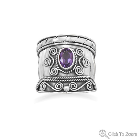 Handcrafted Sterling Silver Bali Ring with Amethyst - Rings