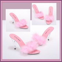 Fluffy Pink Marabou Feather Crystal High Heel Mule Platform Slides