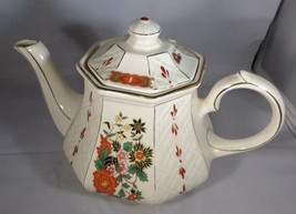 Sadler Teapot Multi-Color Floral-Design Cream Background 8 Sided Nice 6&quot;... - $14.85