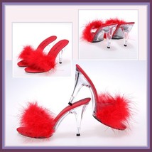 Fluffy Red Marabou Feather Clear Crystal High Heel Mule Platform Slides image 1