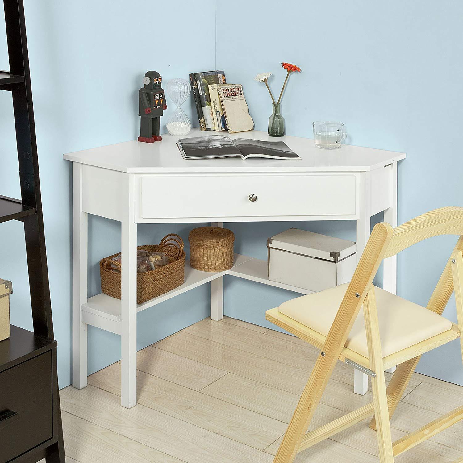 Haotian Corner Desk, Triangle Table Desk with Drawer and Shelf, Home