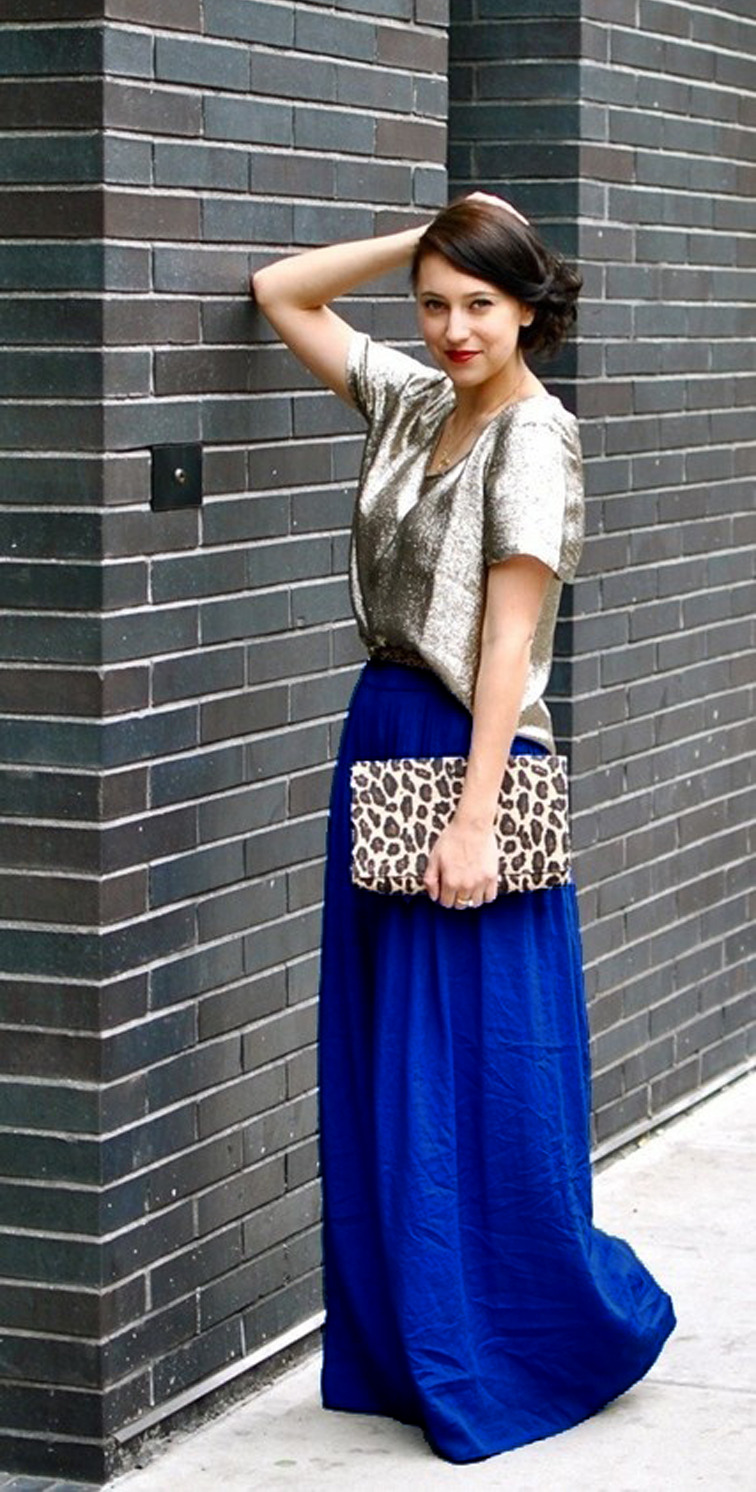 top for long blue skirt