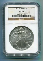 2007 AMERICAN SILVER EAGLE NGC MS69 BROWN LABEL PREMIUM QUALITY NICE COI... - $59.95