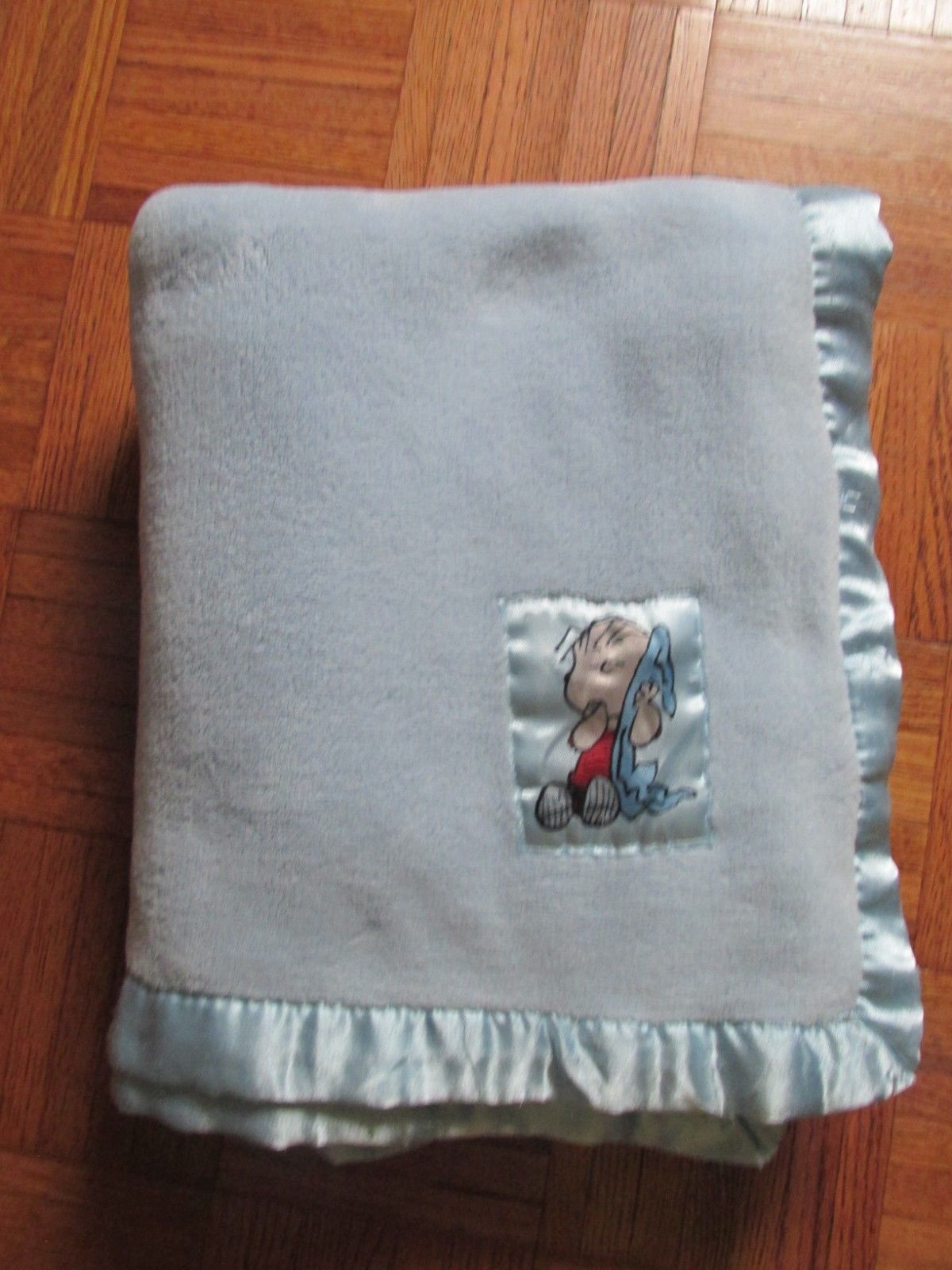 Linus Baby Blanket Peanuts Blue Satin Trim 60X48 Plush Security Thumb