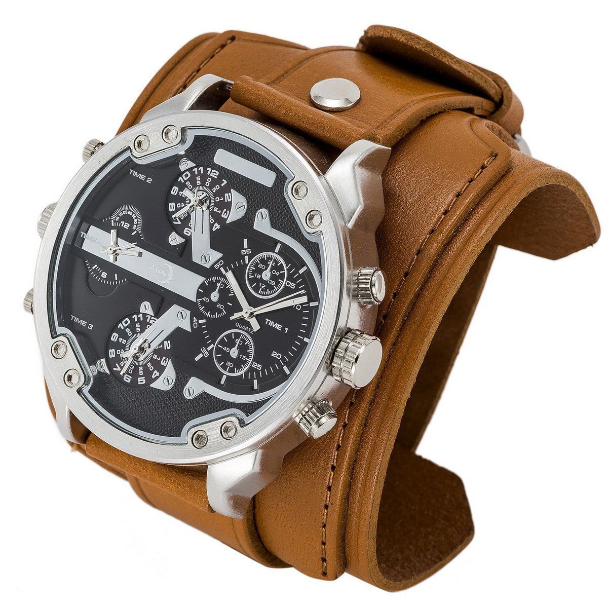 APHOTIC Japan Watchmaker 4 Timezone Quartz Watch Waterproof Wide Leather Strap Wristwatches