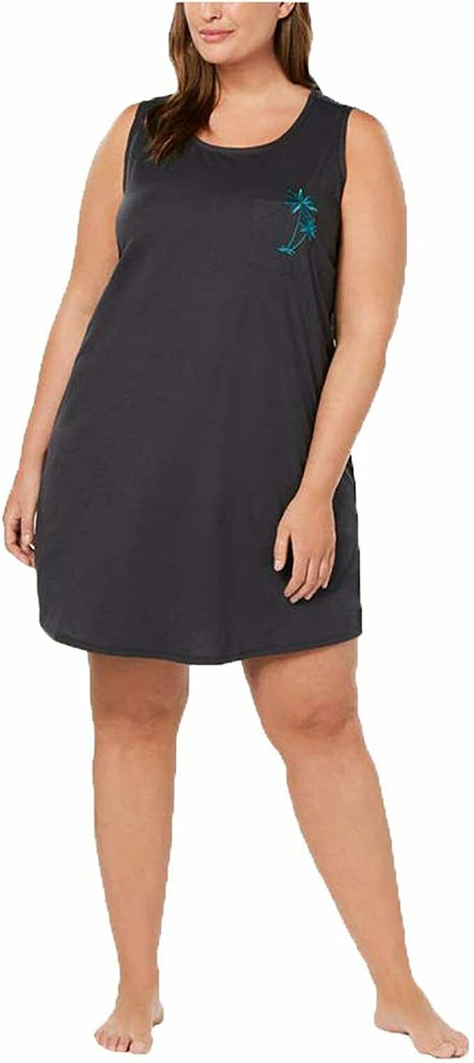 Jenni Plus Size Peekaboo-Back Sleepshirt, Embroidered Palm Tree Gray