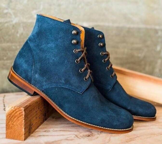 Men's Handmade Blue Suede Lace Up Ankle Boots, Men Designer Fashion