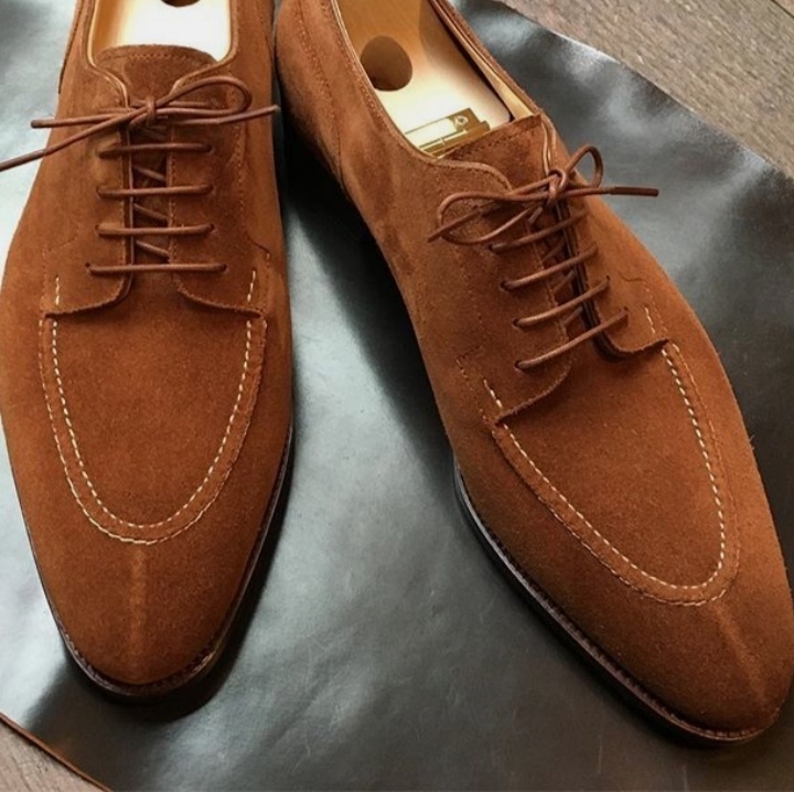 Mens Brown Suede Hand Stitch Split Toe Design Lace Up Dress Shoes - Men