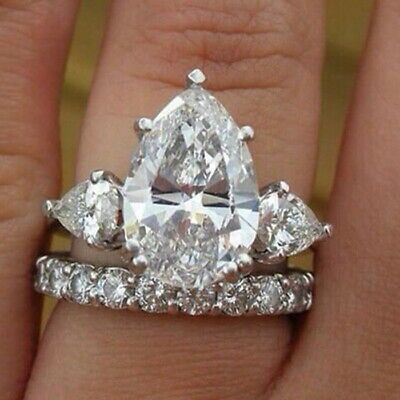 3.00Ct Pear Cut White Diamond 925 Sterling Silver Anniversary Bridal Ring Set