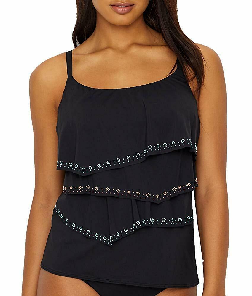 Coco Reef BLACK Hot Spots Ruffle Underwire Tankini Swim Top, US 34DD