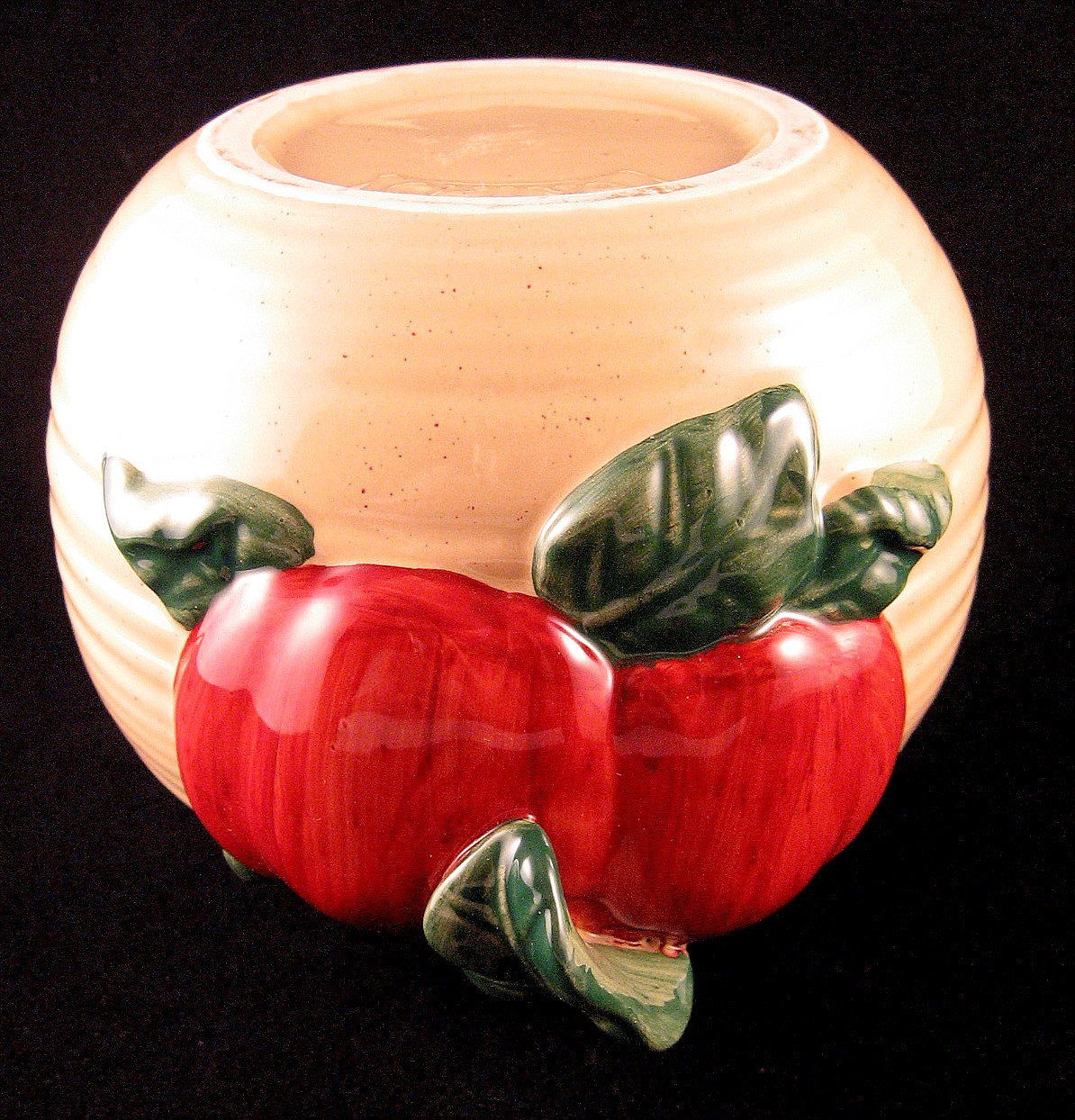 Ceramic Pottery Bean Pot Hand Thrown, Applied Apple Bah Relief