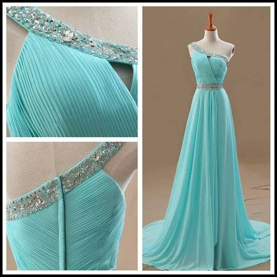 Image of A-line One Shoulder Beads Ruffles Blue Chiffon Long Prom Dresses