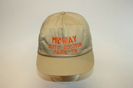 Vintage Midway Auto Auction Paris, TN Tan Brown Snapback Hat Custom Stit... - $16.82