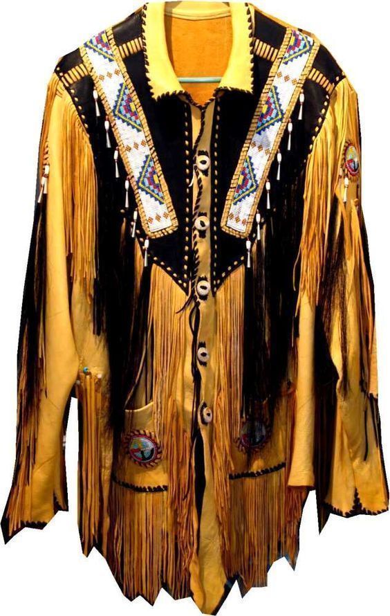 Men Western Yellow COWBOY Leather Jacket Fringe Eagle Beads Patches Bones Black