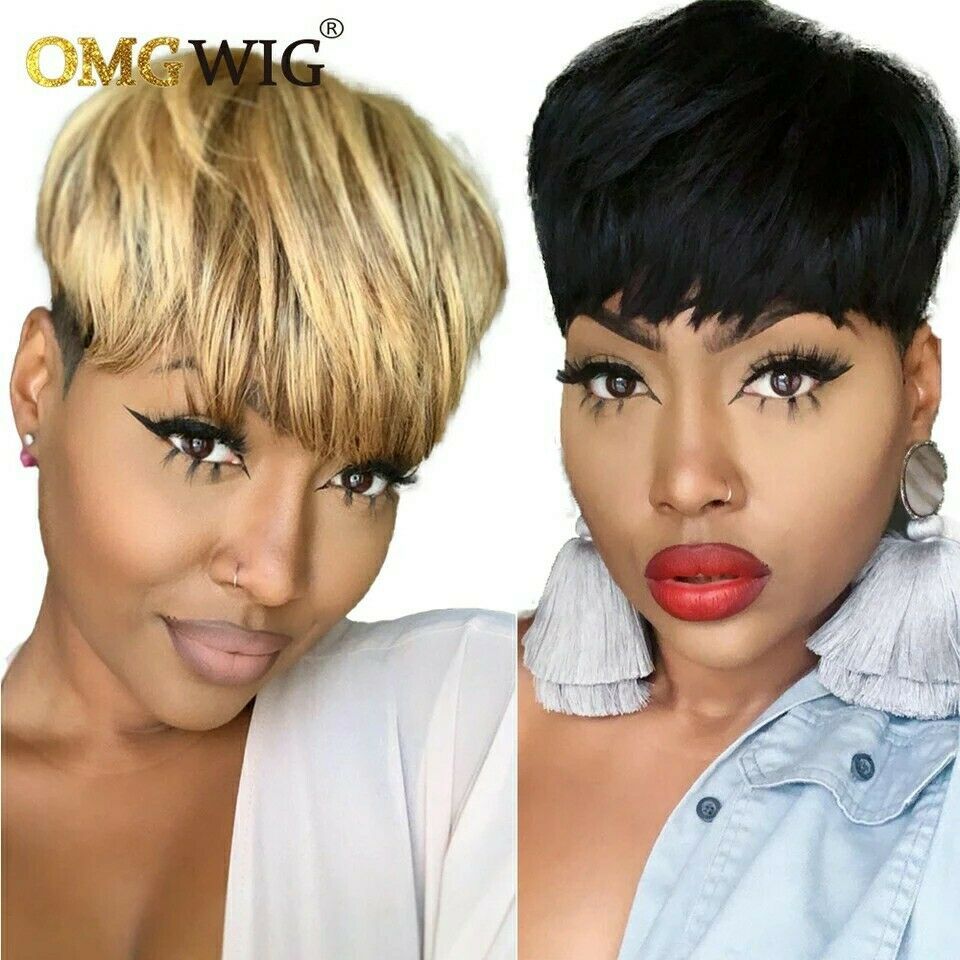 Short Straight Bob Pixie Cut not Lace Front Human Hair Wig With Bangs For Black