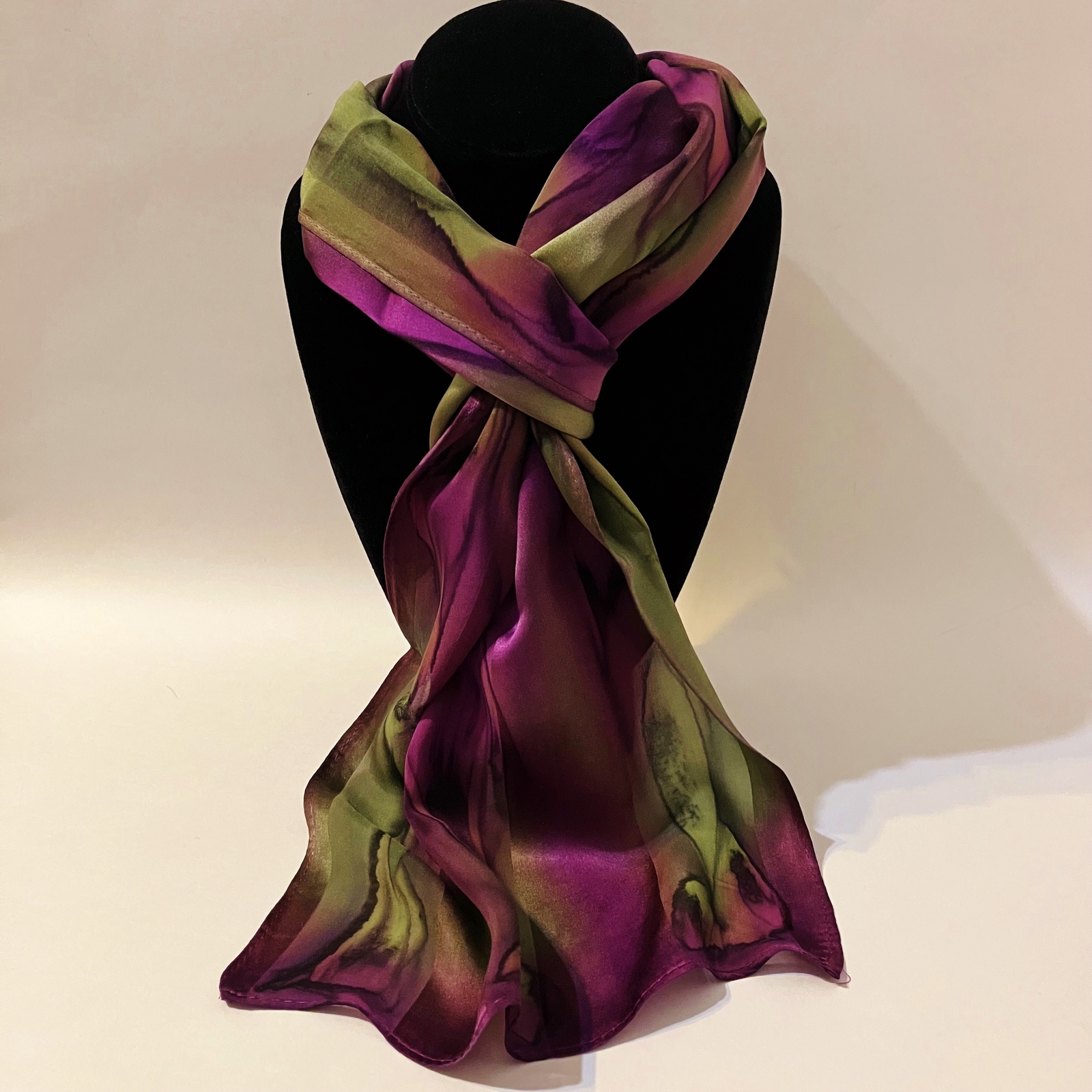 Primary image for Hand Painted Silk Scarf Fuchsia Purple Avocado Green Neck Head Unique Gift New