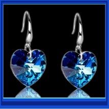 Deep Blue Sapphire Swarovski Austrian Crystal 18K White GP Heart Drop Earrings