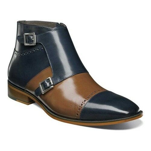 Two Tone Navy Blue Tan Cont Monk Double Buckle Strap Leather Ankle Boots US 7-16