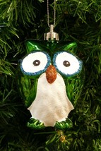 SHATTERPROOF GREEN OWL CHRISTMAS TREE ORNAMENT w/GOLD &amp; BLUE GLITTER DET... - $6.88