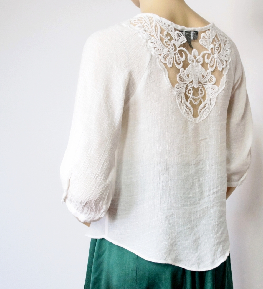 White Gauze Blouse Hippie Peasant Gypsy Bohemian Shirt Lace Prairie Top