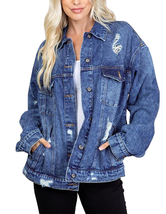 Women's Distressed Oversized Casual Button Front Cotton Jean Denim Jacket image 3