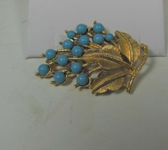 Gold Tone &amp; Blue Bead Leaf Pin Brooch - $15.83