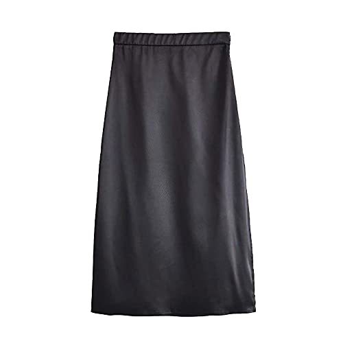 Simply Soft Satin Black A Line Skirt Female Side Zipper Casual Slim Split Midi Q