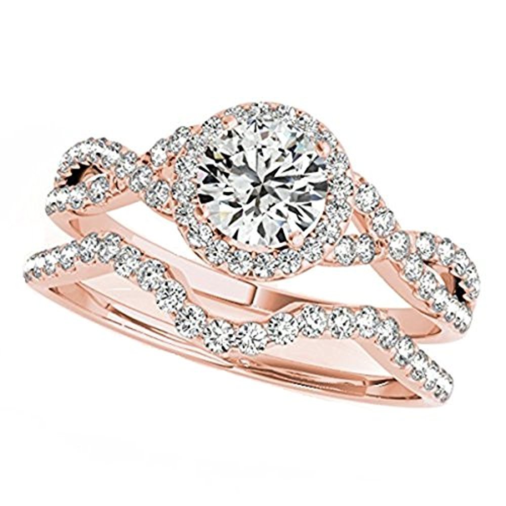 14K Rose Gold Over Silver Round-Cut CZ Dia Bridal Curved Wedding Halo Ring Set