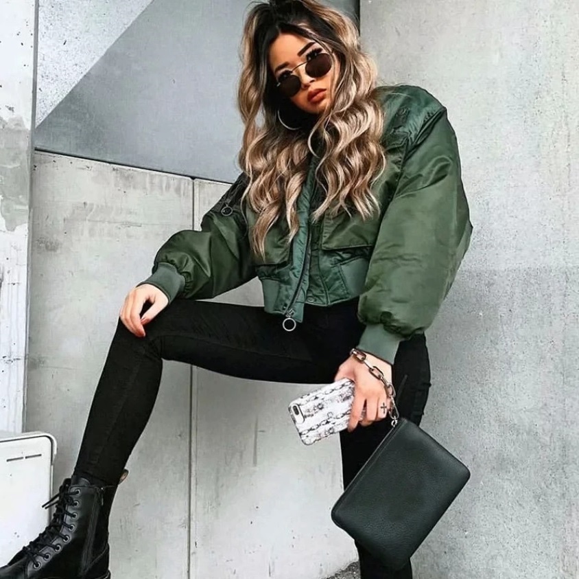 New olive green long sleeve women oversized bomber jacket with front pockets