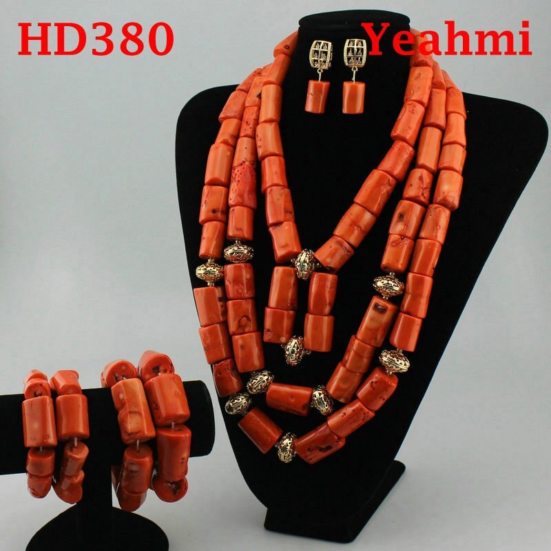 Handmade 3 Layers Real Coral Beads Chunky Women Jewelry Sets  Accessory African