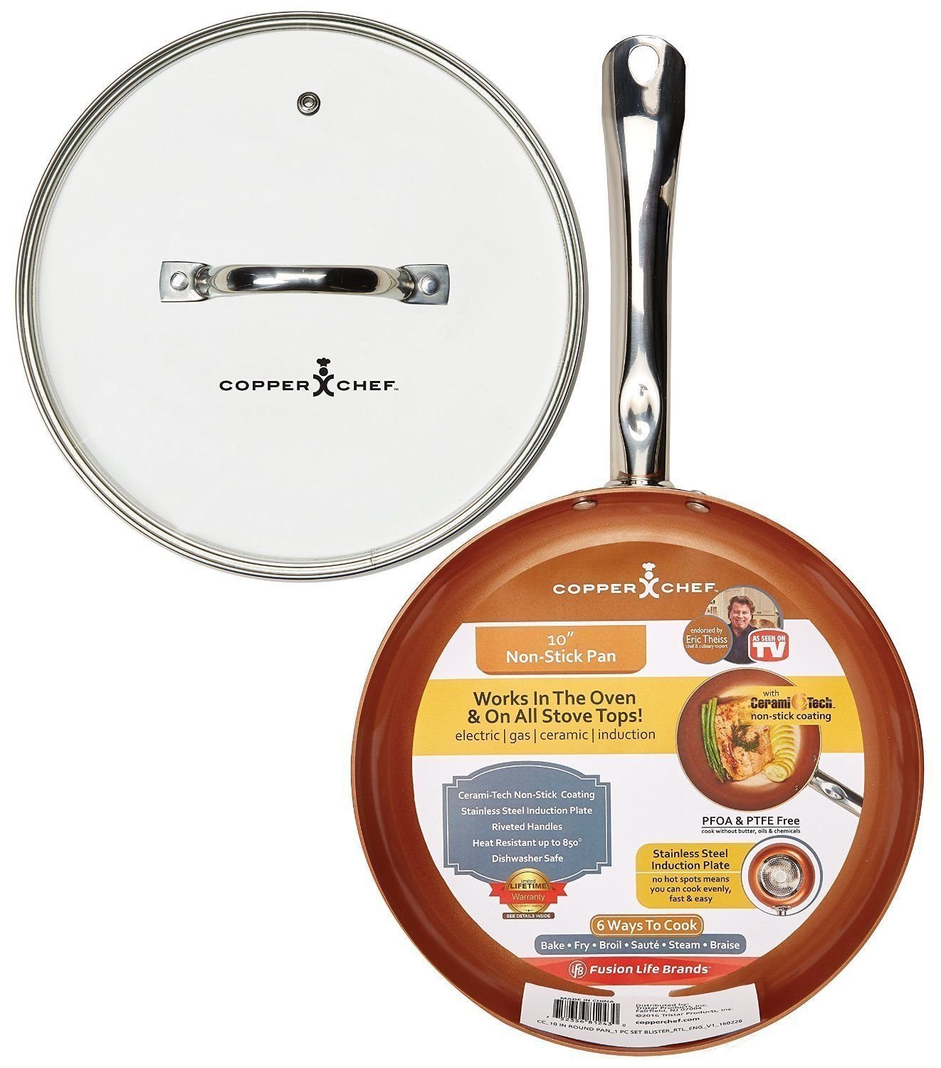 Round Frying Pan With Lid Skillet with Ceramic Non Stick Copper Chef 12