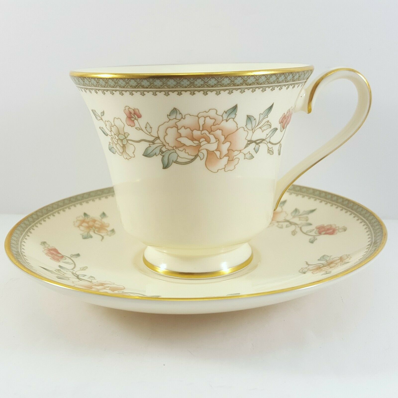 Minton Jasmine Footed Cup and Saucer 6 oz Ivory Bone China Pink Floral