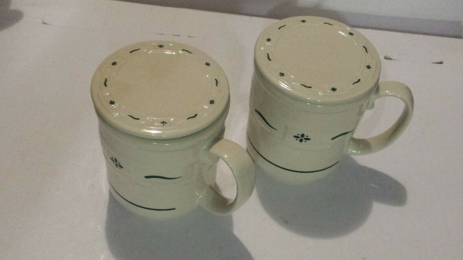 Longaberger Pottery Green Woven Traditions Mugs Cups Soup w Coaster