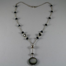 .925 RHODIUM SILVER NECKLACE WITH DISC OF MOTHER OF PEARL AND BLACK CRYSTALS image 2