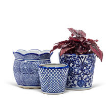 Ornate Taper Planter Indigo Blue White Porcelain 7" H Elegant Pot w 6" Opening  image 3