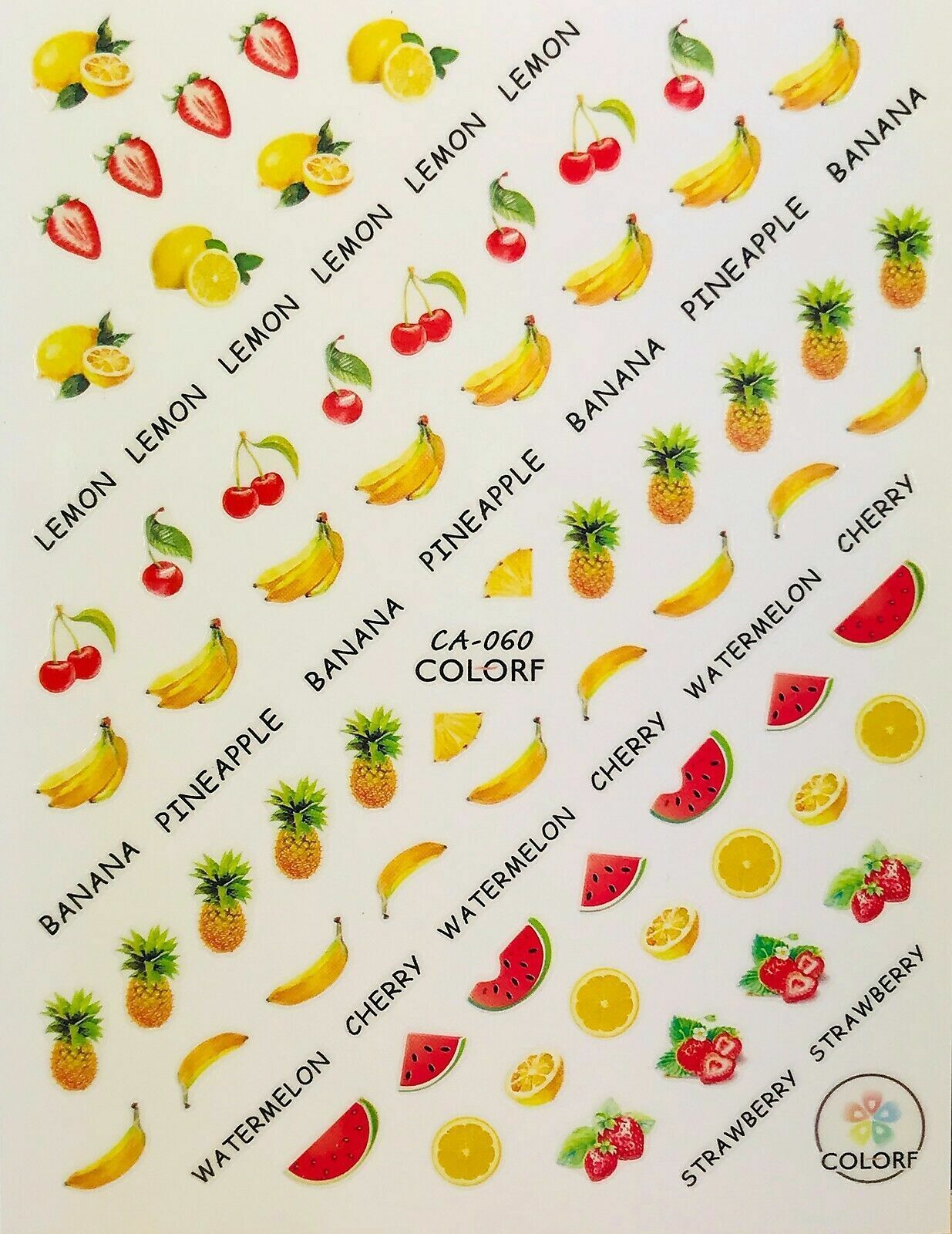 Nail Art 3D Decal Stickers Fruit Lemon Banana Pineapple Watermelon Cherry CA060