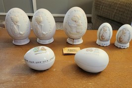 Precious Moments Lot Of 7, Porcelain Easter Eggs and Trinket Boxes, 1993... - $51.08