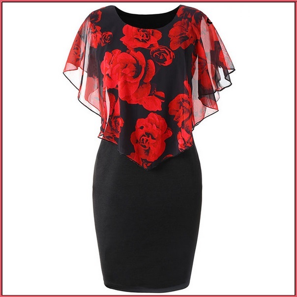 Elegant Big Girl Sized Sheer Red Rose Chiffon Cape Overlayed Black Pencil Dress