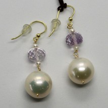 SOLID 18K YELLOW GOLD EARRINGS WITH BIG WHITE PEARLS AND AMETHYST MADE IN ITALY image 1