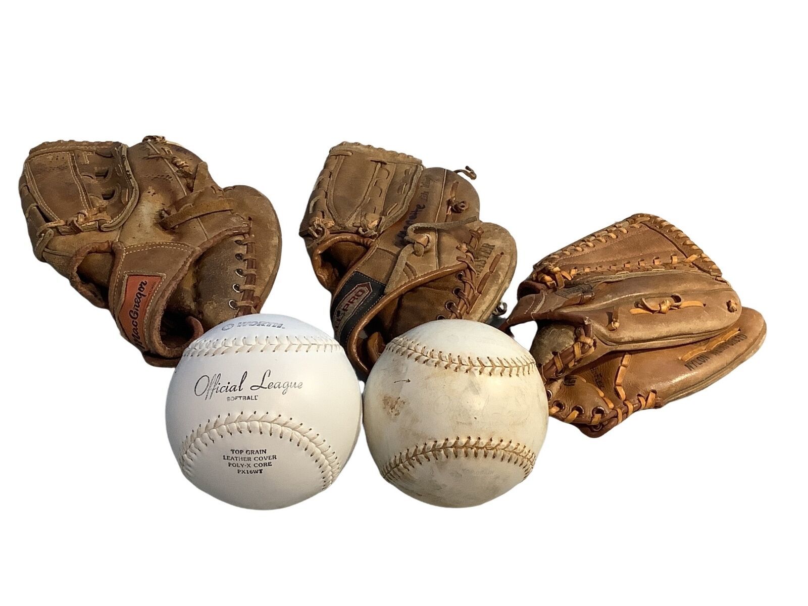 Regent Mac Gregor Softball Gloves Lot 3 Leather  2 Poly-X Core Softballs Vintage - $56.69
