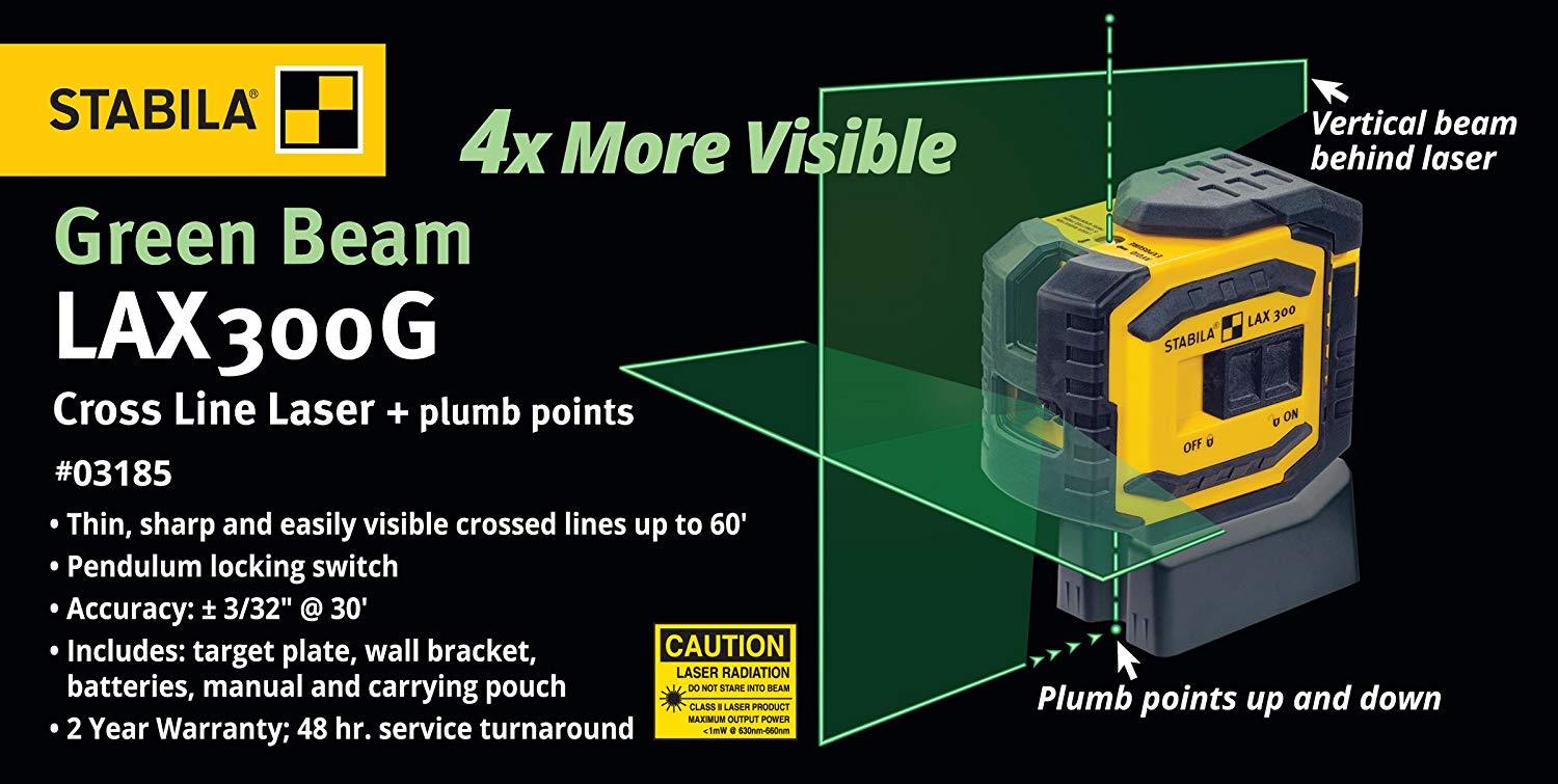 Stabila 03185 LAX300G Green Beam Cross Line Plus Plumb Dots Laser Level