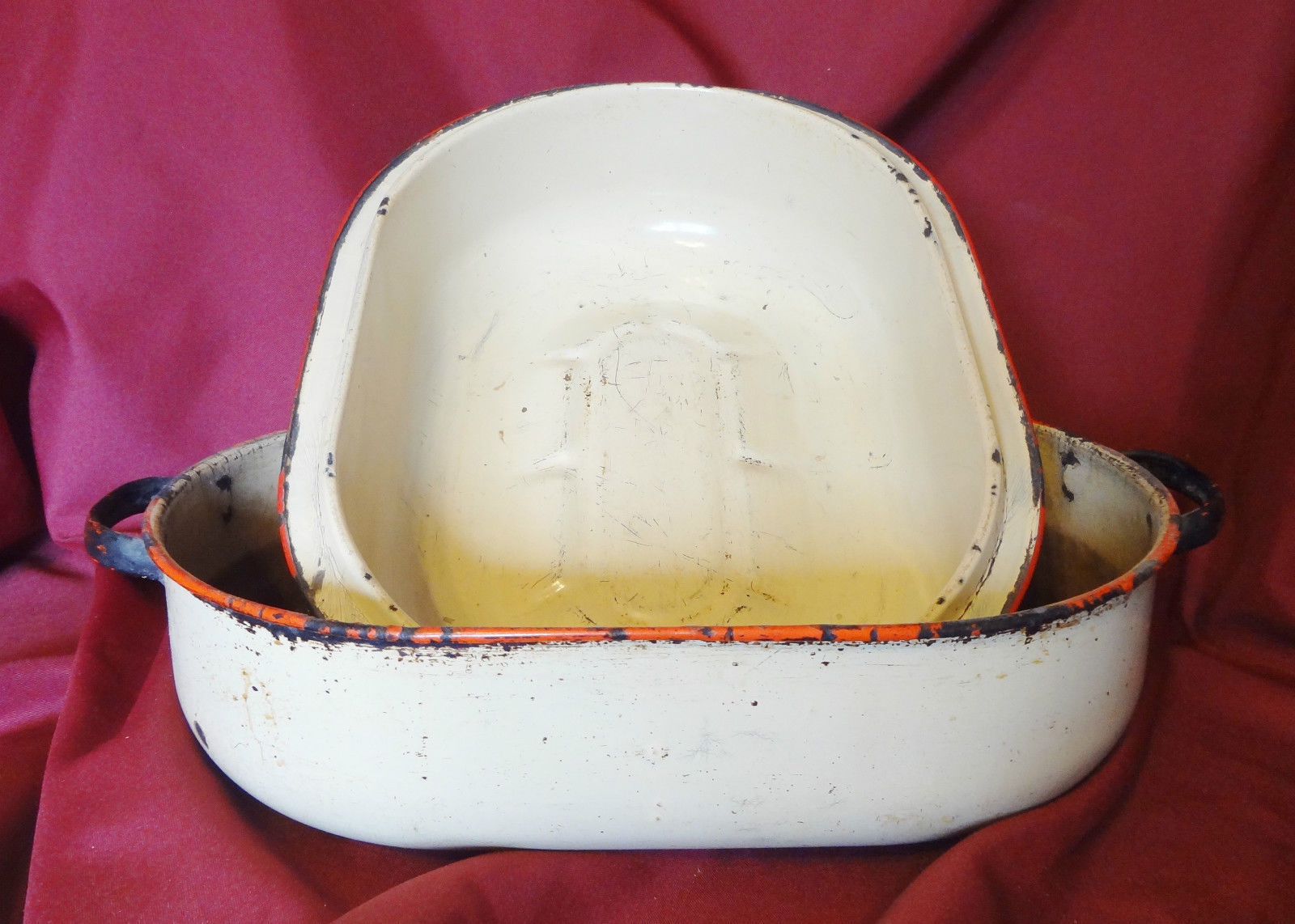 Vintage Large Heavy Beige Red Enamel Turkey Roasting Pan Roaster With Lid Enamelware